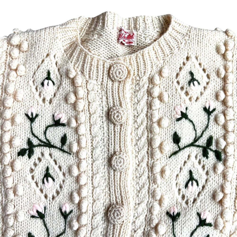 Vintage Hand Knitted Pure Wool Cardigan Sweater Cable Knit & Embroidery Ladies S - Picture 2 of 10